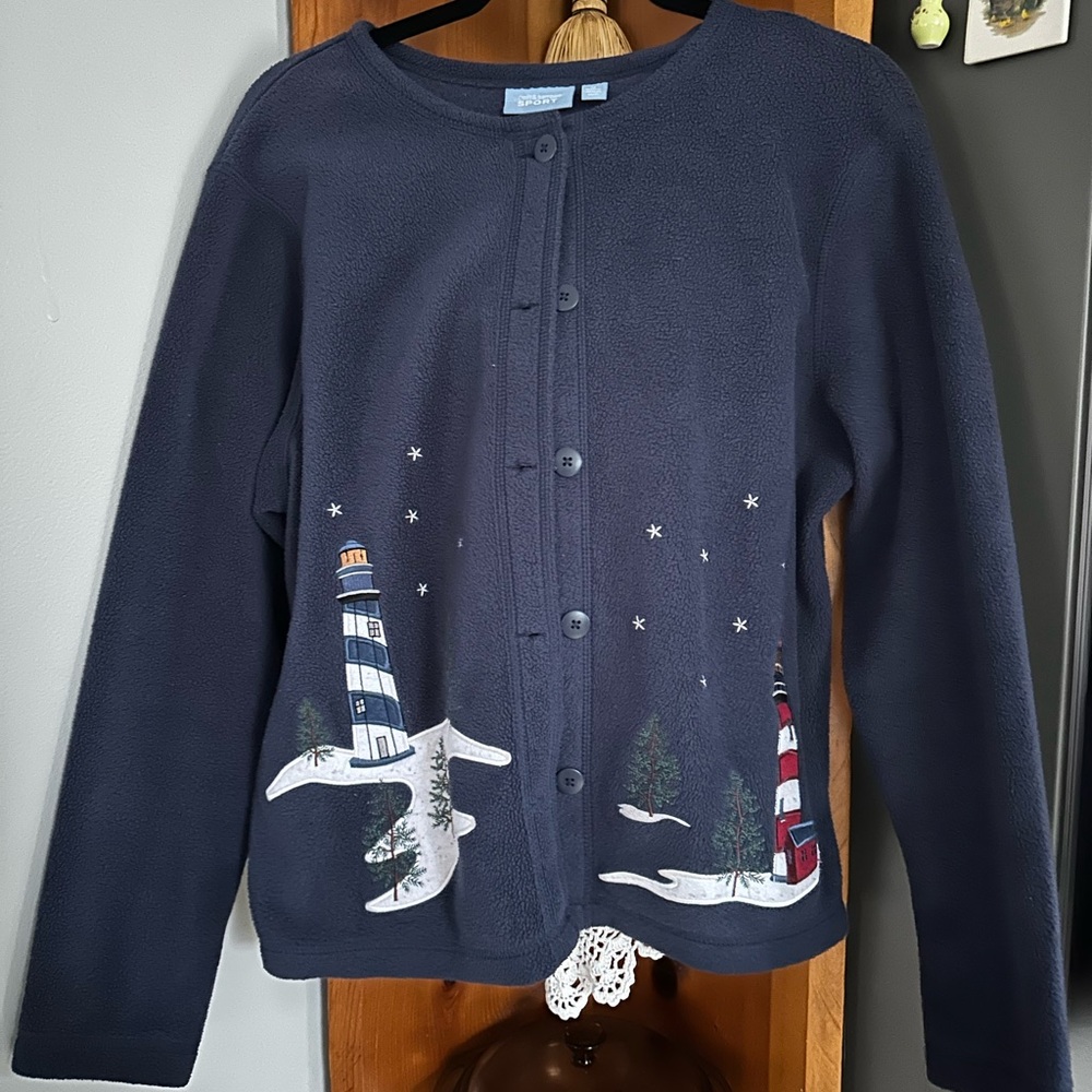 Croft & Barrow Navy Cardigan with Embroidered Lighthouses